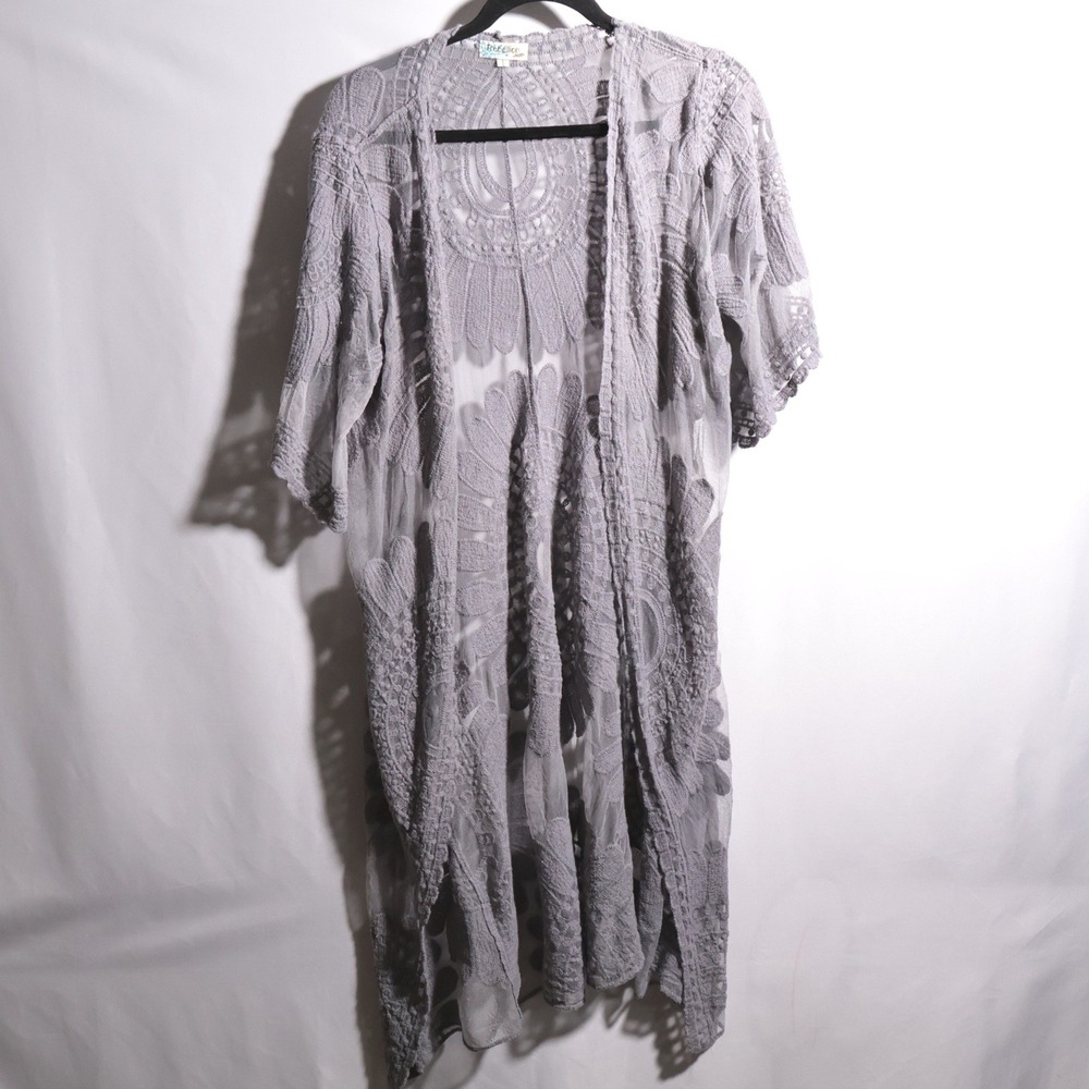 Womens L Gray Lace Kimono Cardigan Long Duster Jacket Boho Fairy Grunge Sheer